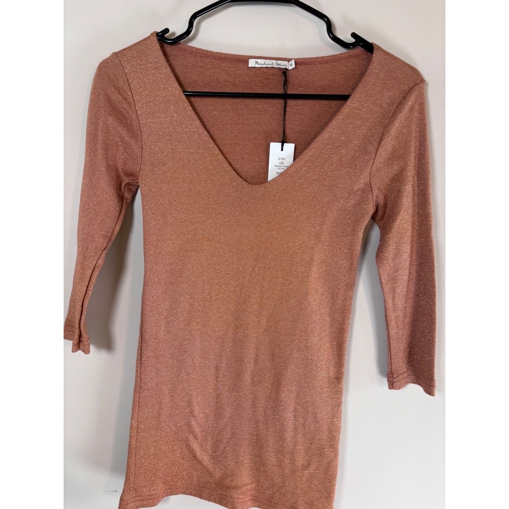 Michael Stars Womens Metallic V-Neck 3/4 Sleeve Tee Copper Rose Gold 0181 OS